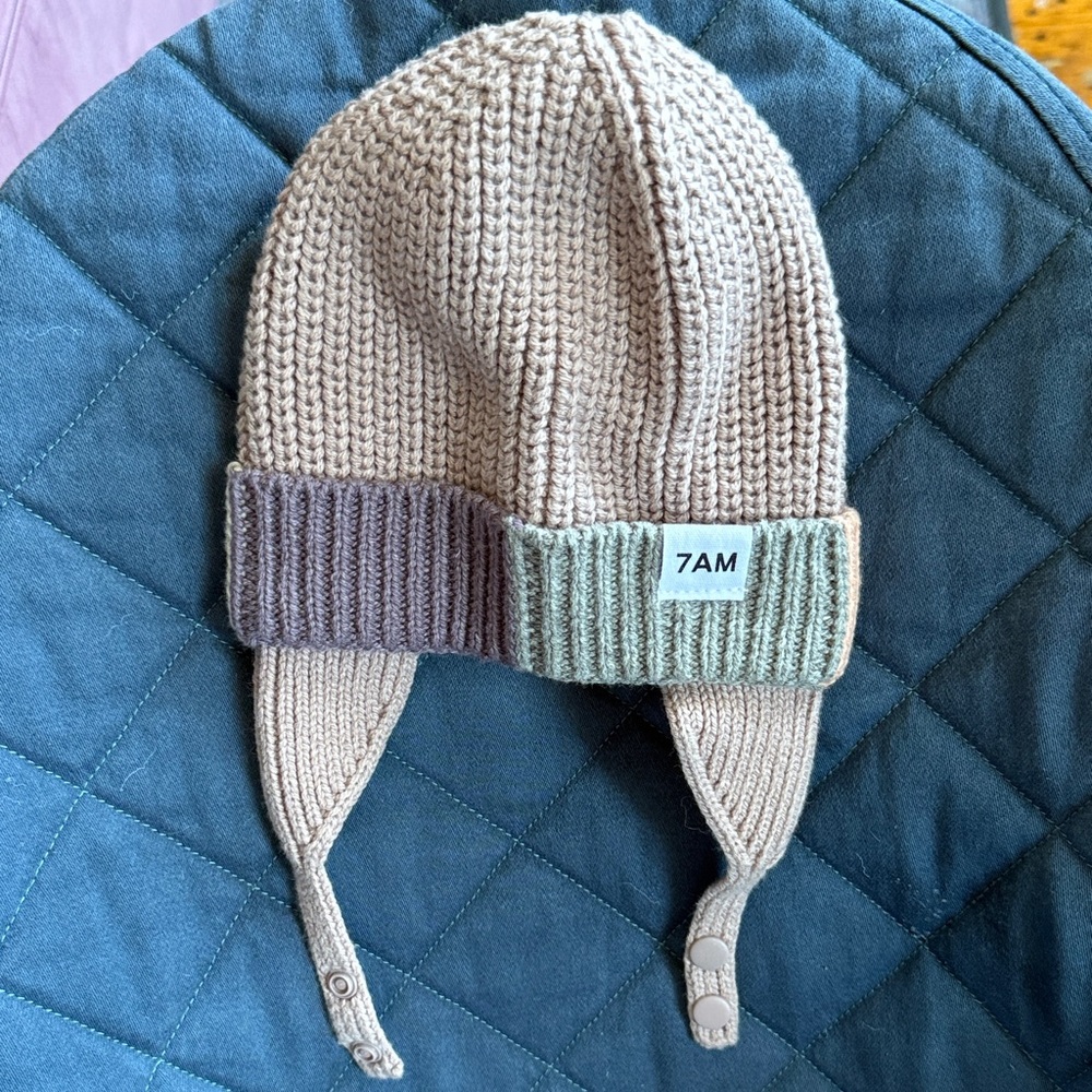 7am Enfant Kids Knit Earflap Hat in Beige with Brown & Green Trim 0-6 months